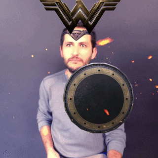 An augmented reality photo booth GIF of a guest with a superhero shield
