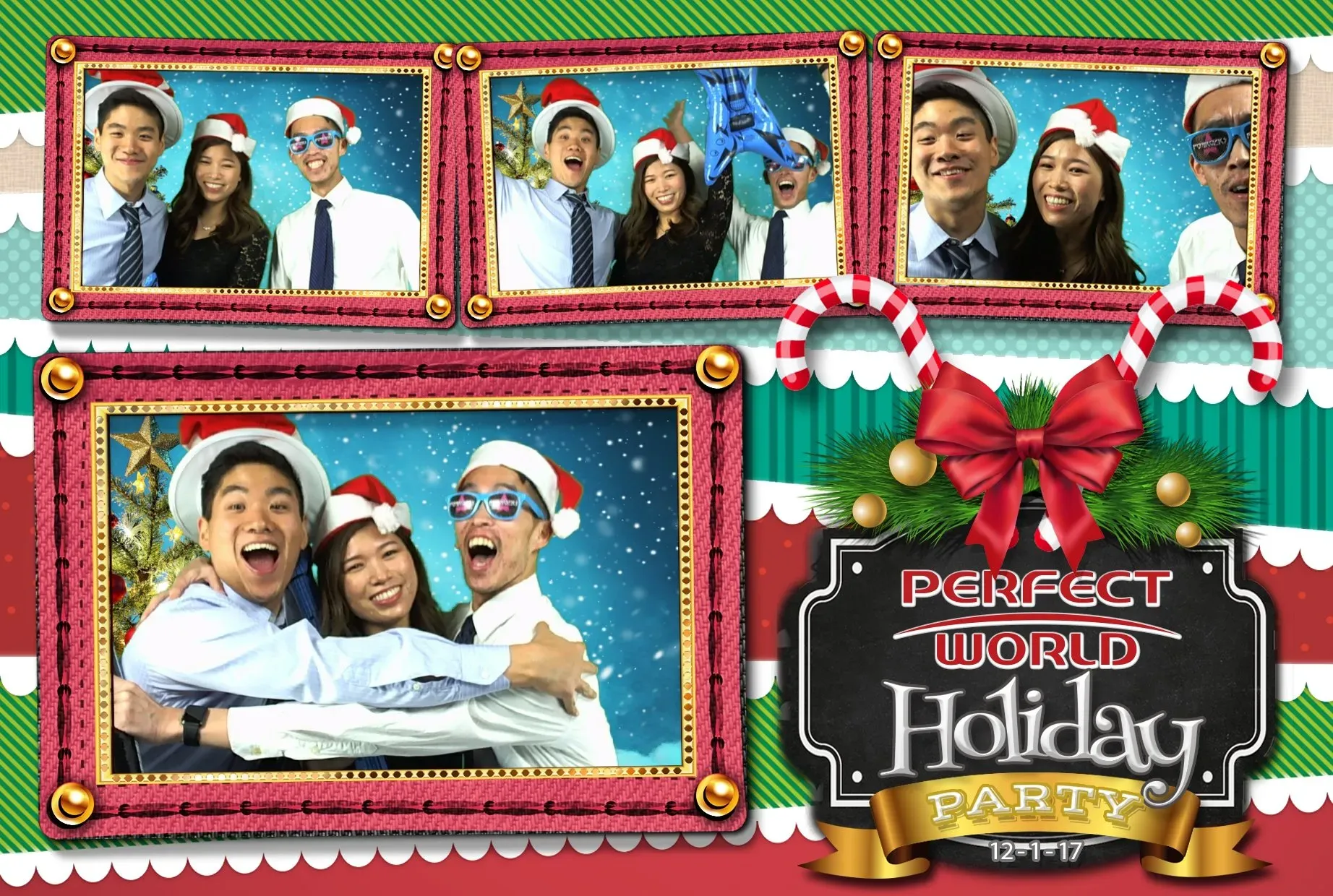 Green screen holiday party photo from a company December party