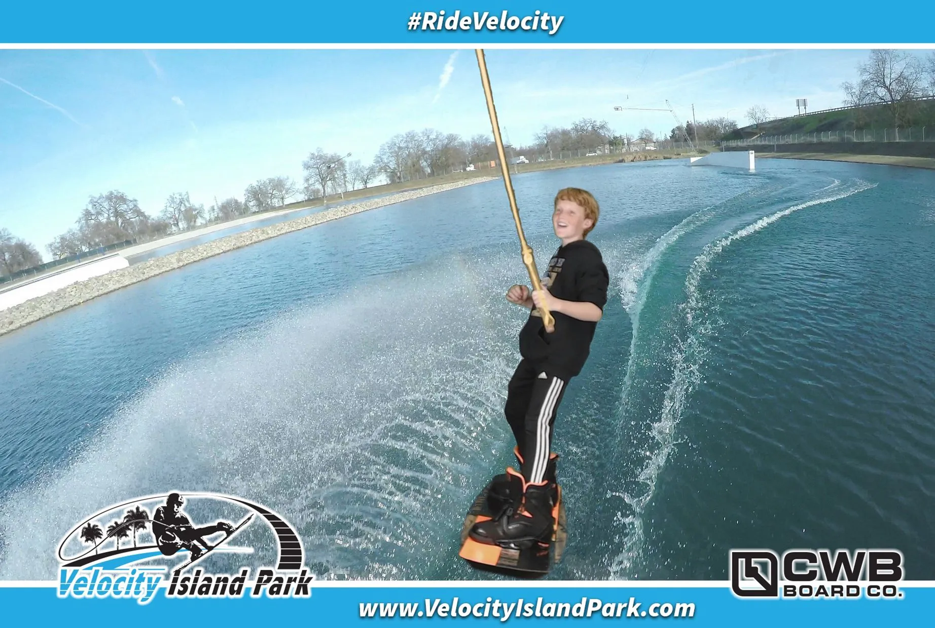Branded green screen photo from Velocity Island Park in Woodland, a guest wakeboarding the lake